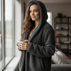 PINK Victoria’s Secret ✦ Sherpa Hooded Cardigan ✦ Dark Grey Oversized Cozy XS